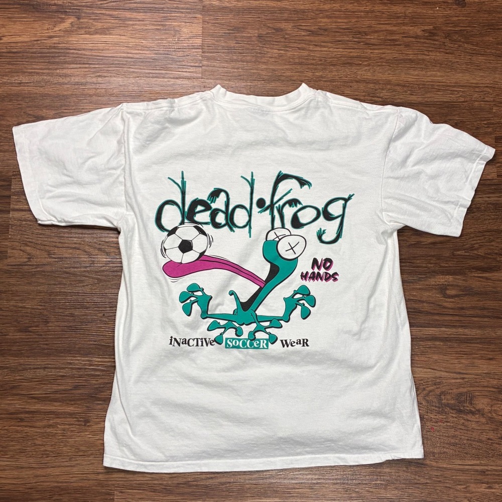 Vintage 90s Dead Frog Soccer T-Shirt Oneita L White Double Sided Graphic Tee
